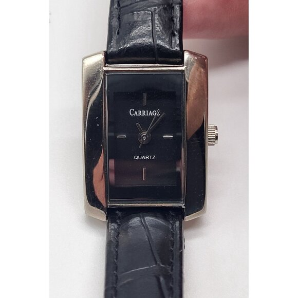 Timex Accessories - Carriage by Timex Silver Tone Rectangle Case Women's Watch Black Leather Band